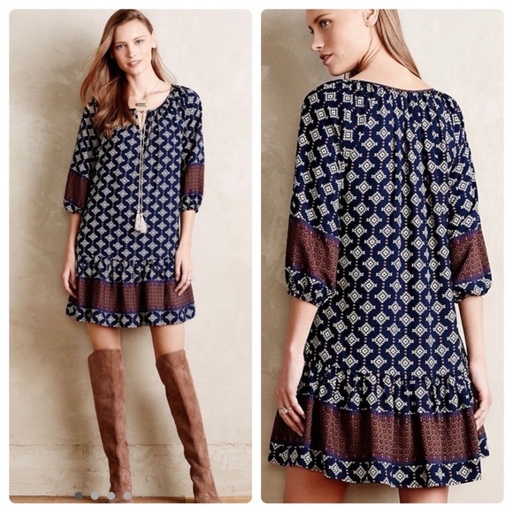 Anthro Vanessa Virginia Wayfinder Peasant Tunic Dress in Blue Motif Sz. XS - Picture 1 of 13